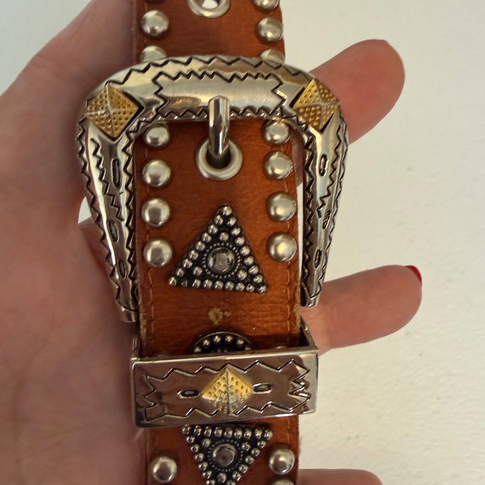 Jana Womens Leather Belt Medium Tan Western Studded Concho Buckle Cowgirl Boho M